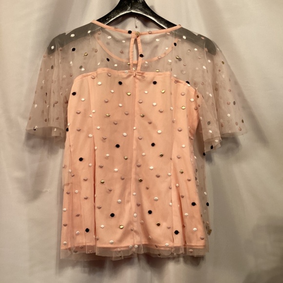 Eva Franco Anthropologie peach apricot mesh layered Polka Dot Top short sleeve - Picture 6 of 8